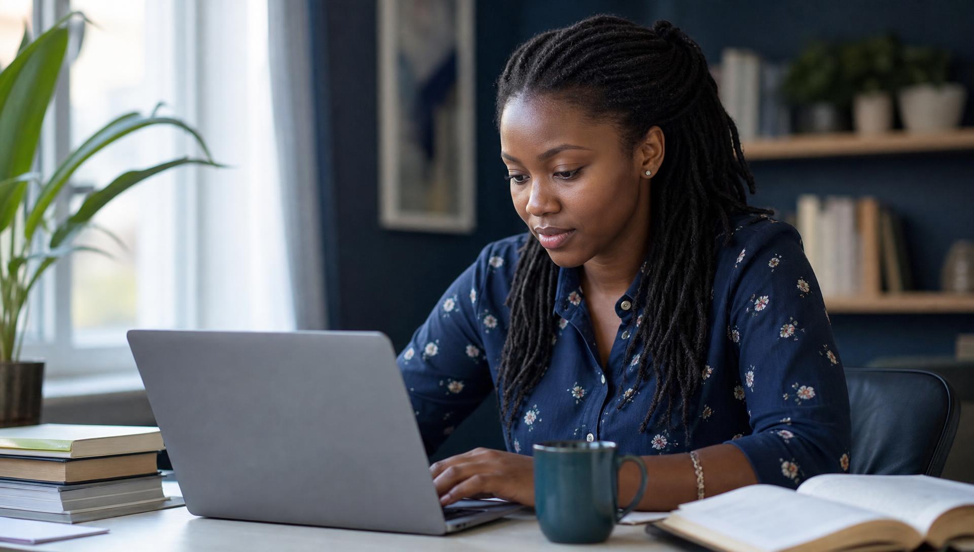 Focused learner studying on a laptop at her desk
